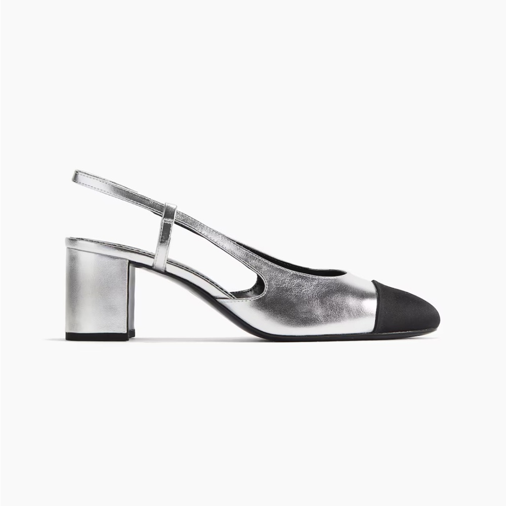 H&M Metallic Silver & Black Block Heeled Slingbacks Sz 40